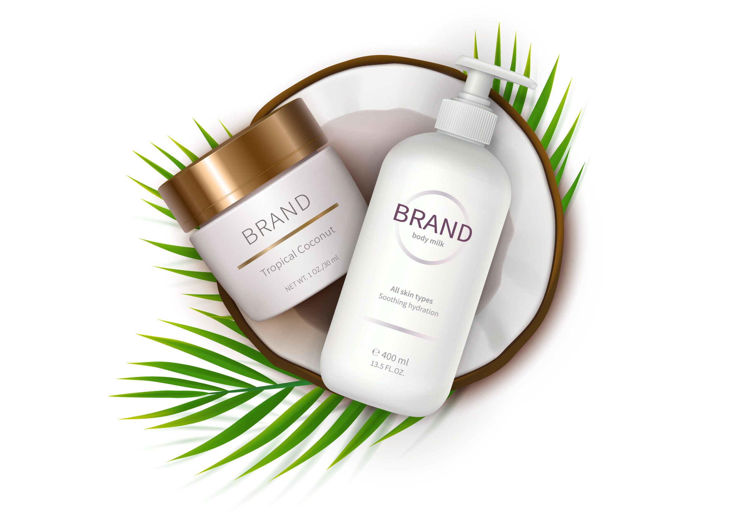 Cosmetic ad realistic vector. White jar with golden lid and dispenser bottle lies in half of coconut isolated on white background. Design elements for promo banner for natural organic cosmetics